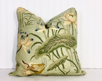 One or Both Sides - ONE Schumacher Lotus Garden Aqua/Jade/Parchment/Lilac/Mocha/Laquer/Leaf/Yellow/Red Pillow Cover with Self Cording