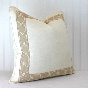 Both Sides - One Ivory linen Pillow Cover with Birch/Blue/Coral/Fuchsia/Green/Black/Turquoise Tape and Self Cording