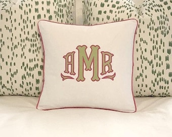 Embroidered Monogram Applique Pillow Cover, Bolster Pillow with Personalization