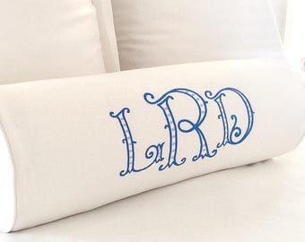 Embroidered Linen Pillow Cover, Bolster Pillow with Personalization