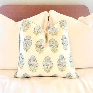 Lisa Fine Mughal Flower pillow cover, lumbar, bolster pillow with light blue piping