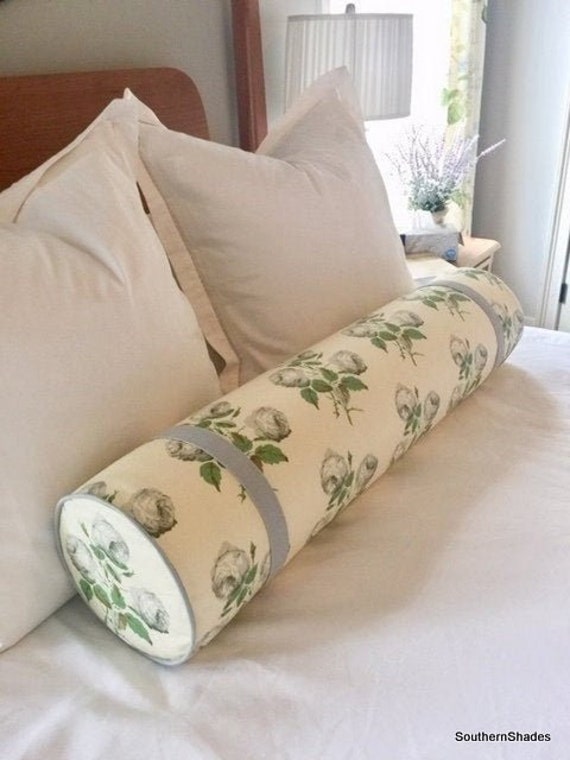 Bowood Cotton Chintz Bolster Green-grey/white-leaf/pink-leaf With