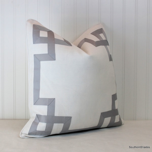 ONE Greek Key Fretwork Kravet Linen Snow Pillow Cover with French Grosgrain Trim and Self Cording