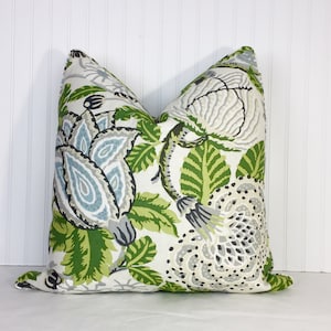 One or Both Sides -  Thibaut Mitford Green-White/Orange/Black-Plum/Navy/Aqua/Yellow/Grey/Beige Pillow Cover with Self Cording