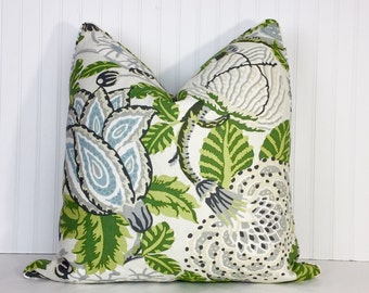 One or Both Sides -  Thibaut Mitford Green-White/Orange/Black-Plum/Navy/Aqua/Yellow/Grey/Beige Pillow Cover with Self Cording