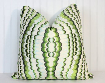 One or Both Sides -  Thibaut Ebru Embroidery Green/Blue/Aqua/Grey Pillow Cover with Self Cording or Bolster
