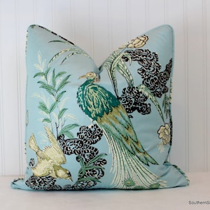 One or Both Sides - ONE High End Schumacher Miles Redd Peacock Aqua/ Beige/Red/Cream/Emerald Pillow Cover with Self Cording