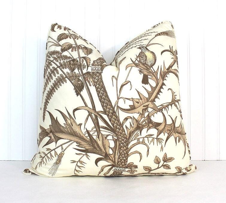 One or Both Sides - Brunschwig & Fils Bird and Thistle Pillow Cover with Self Cording