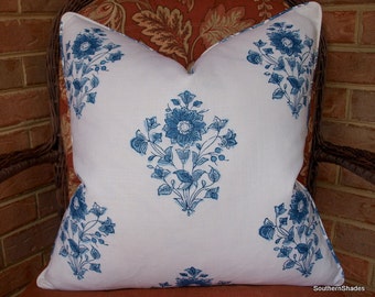 One or Both Sides - ONE Schumacher Beatrice Bouquet Indigo, Pink or Mineral Pillow Cover with Self Cording
