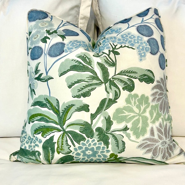 One or Both Sides -  Thibaut Meadow Green or blue-lavender Pillow Cover or Bolster Pillow