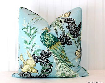 One or Both Sides - ONE High End Schumacher Miles Redd Peacock Aqua/ Beige/Red/Cream/Emerald Pillow Cover with Self Cording