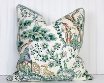 One or Both Sides - ONE High End Scalamandre Kelmescott Leaf on Ivory/Peacock on Sand/ Porcelain Pillow Cover with Self Cording