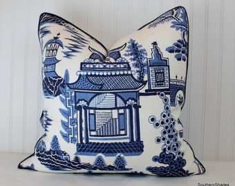 One or Both Sides - ONE Schumacher Nanjing Porcelain/jade/Smoke/Coral Pillow Cover with Self Cording