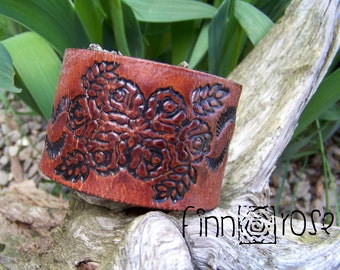 Buy Me Roses. Distressed Brown Leather Bracelet with Rose Floral Design, stamped leather, belt leather, recycled leather