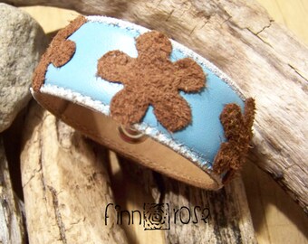Favorite Jeans.  Women's leather bracelet.  Turquoise Leather Cuff Bracelet with Chocolate Brown Suede Flowers
