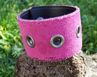 Aubrey. Hot pink suede.  Women's Suede Leather Bracelet. Hot Pink Suede Leather.  Hot Pink Rocker Girl Bracelet with Metal Grommets