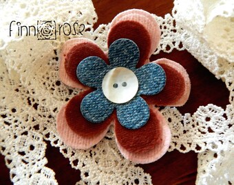 Alaina.  Floral hair clip clip. Hair flower pink, blue denim