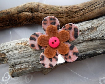 Josie.  Hair flower hair clip. Fabric and felt flower - pink leopard