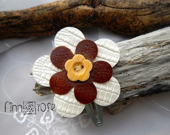 Clarissa.  Floral hair clip. Chestnut brown and white pearl leather flower