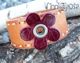 Scarlett. Women's leather bracelet. Leather cuff bracelet.  Red flower bracelet.