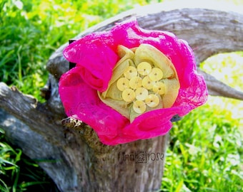 Abby. Women's Leather Bracelet, Black leather with fuchsia, chartreuse,  fabric flower and yellow sequins