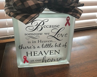 Because someone we love is in heaven, lighted glass block, buffalo check bow, sympathy, Remembrance gift