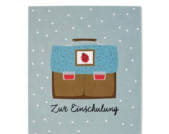 Postkarte "Zur Einschulung", Ranzen Marienkäfer