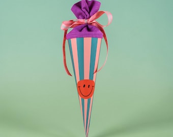 Schultüte 35cm Smile orange, mit Streifen mint/rose und lila Filzverschluss