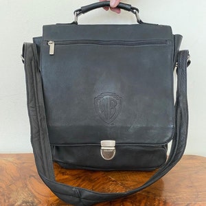 Large black Leather Messenger Bag, Organizer bag,Warner Brothers Emblem Front, Shoulder bag