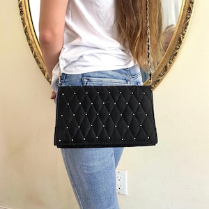 Quilted black purse, Walborg purse, Cloth with Gold beads, formal purse, Shoulder Bag