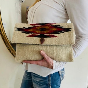 Wool Clutch purse, South western, Indian,  added vintage Flint stone arrowhead
