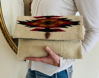 Wool Clutch purse, South western, Indian,  added vintage Flint stone arrowhead