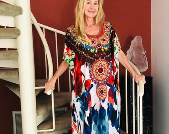 Gorgeous Kaftan dress printed flowers,Maxi dress, medallions, feathers,Large, Watercolors, Roses