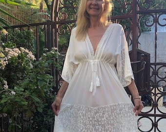 Robe BoHo en coton, robe en coton blanc,,Robe longue, Dentelle, Large, XL