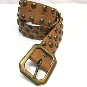 Studded Leather Belt,brown leather, copper Buckle, 32"
