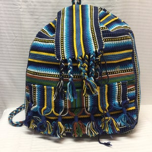 Backpack bag,Gunne sack backpack,Large,backpack painted canvas,coffee bag,Guatemala,tan,green,blue,purple,back pack