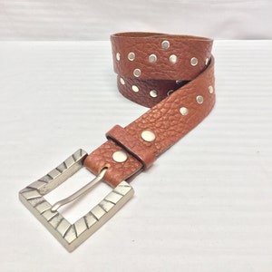Leather Belt, Brown leather belt, Studded, Pewter Tone Buckle