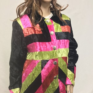 Velvet geometric Jacket, Medium, Black, Green, Pink ,velvet,Coat,jacket