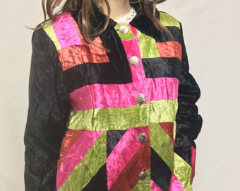 Velvet geometric Jacket, Medium, Black, Green, Pink ,velvet,Coat,jacket