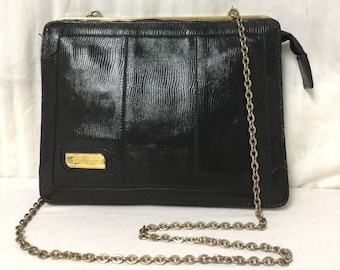 Phillippe Black Leather Purse,bag, Reptile Embossed, Shoulder Bag