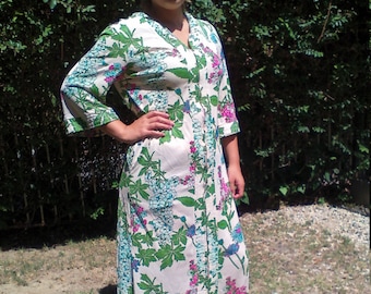 zip up,polyester,lounger Long floral dress,pastel,dress,1970s,70 lounge wear