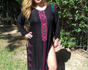 Maxi dress,long,black, embroidered dress, medium,pink,orange,green