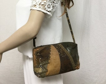 Marlene Gains, Brown leather purse,bag,leather purse, Marlene's Tarzana, Patchwork, Shoulder Bag, brown purse, 1980s