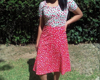 Vintage vestido de flores, vestido de poliéster naranja, 1970s,70s, vestido naranja, verde, bronceado, pequeño, vestido de verano