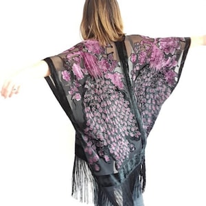 Lavender velvet, peacock kimono, Burnout Kimono, night, dress, bathrobe, black, lavender, silver, Velvet Robe, Handmade