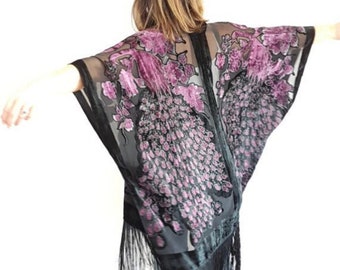 Lavender velvet, peacock kimono, Burnout Kimono, night, dress, bathrobe, black, lavender, silver, Velvet Robe, Handmade