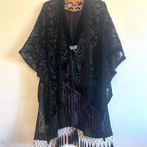 Black Velvet Kimono, with added vintage glass Dragonfly brooch, Semi Sheer, Velvet Robe, Burn out, Fringed, Cover, Jacket, Duster