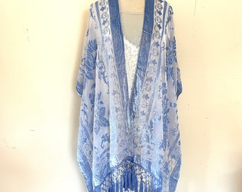 Gorgeous Light Blue Velvet Kimono, Semi Sheer, Burn out, Roses, Flowers, Fringed, Cover, Jacket