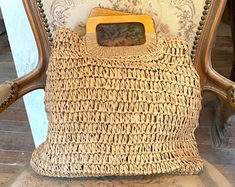 Joli grand sac à main en osier tissé doux, fourre-tout, sac à main d'été, kaki, poignées en bois