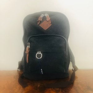 Large gray canvas backpack, backpack bag, leather trims
